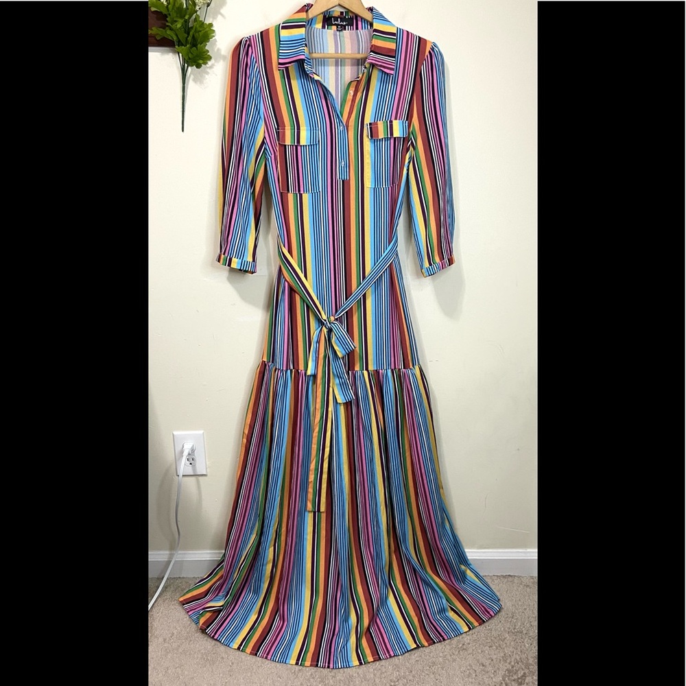 SOLD—————-Lulu's Size Medium Marvel Light Rainbow Stripe Maxi Dress NEW NWOT - Picture 2 of 13